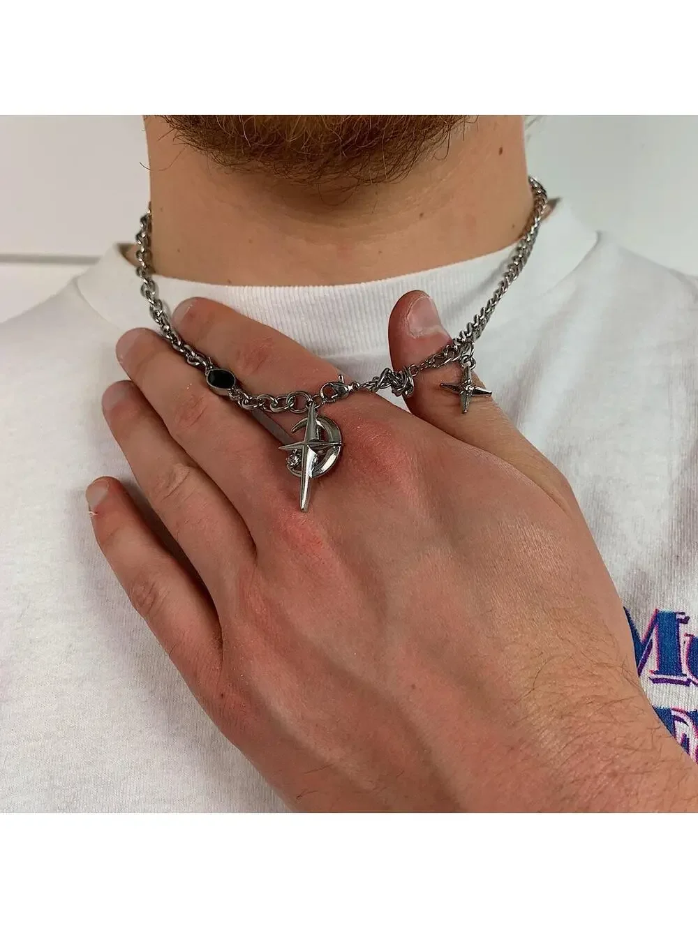 Y2k Cyber 2000s punk grunge crystal cross and opal pendant necklace chain. 20